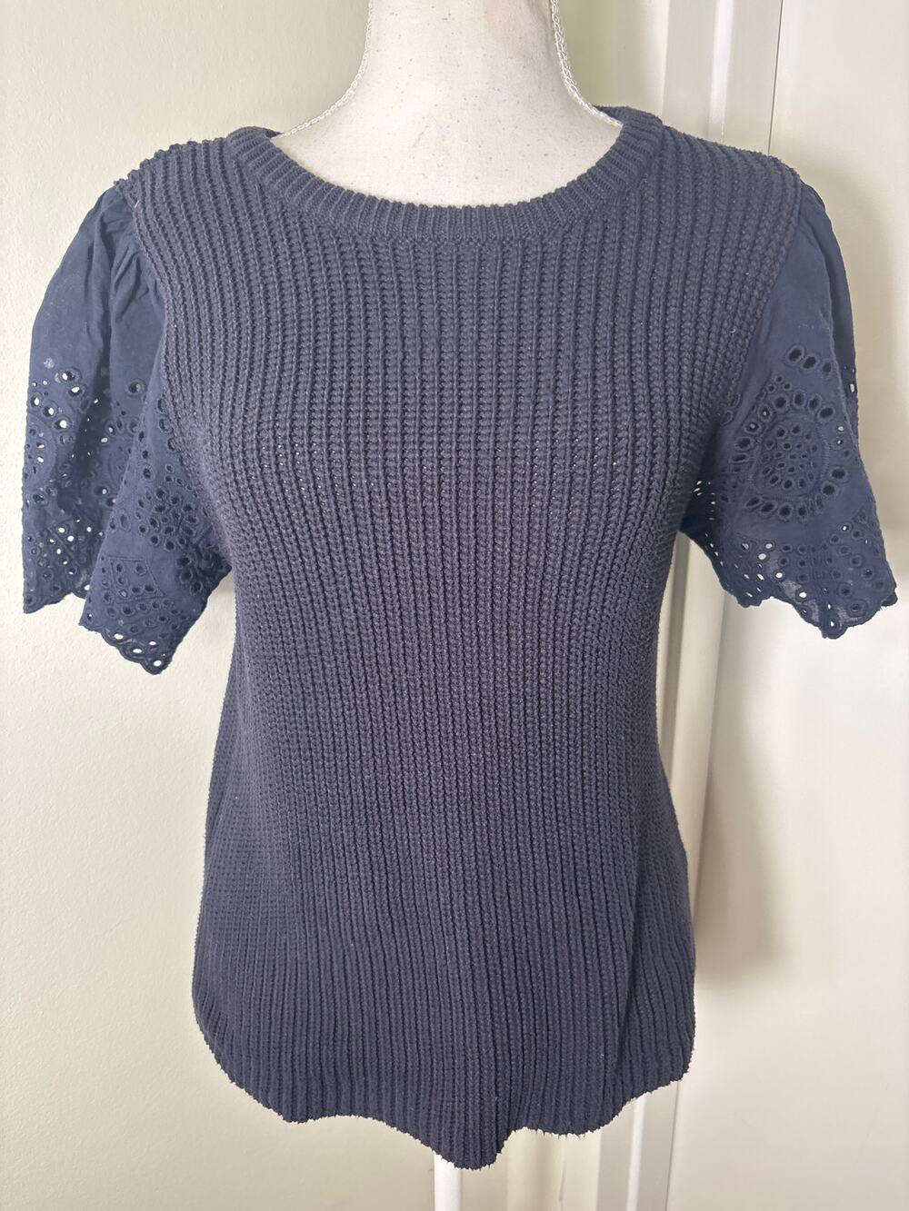 Lilla P Navy Sweater With Eyelet Flutter Sleeve Top Sz L